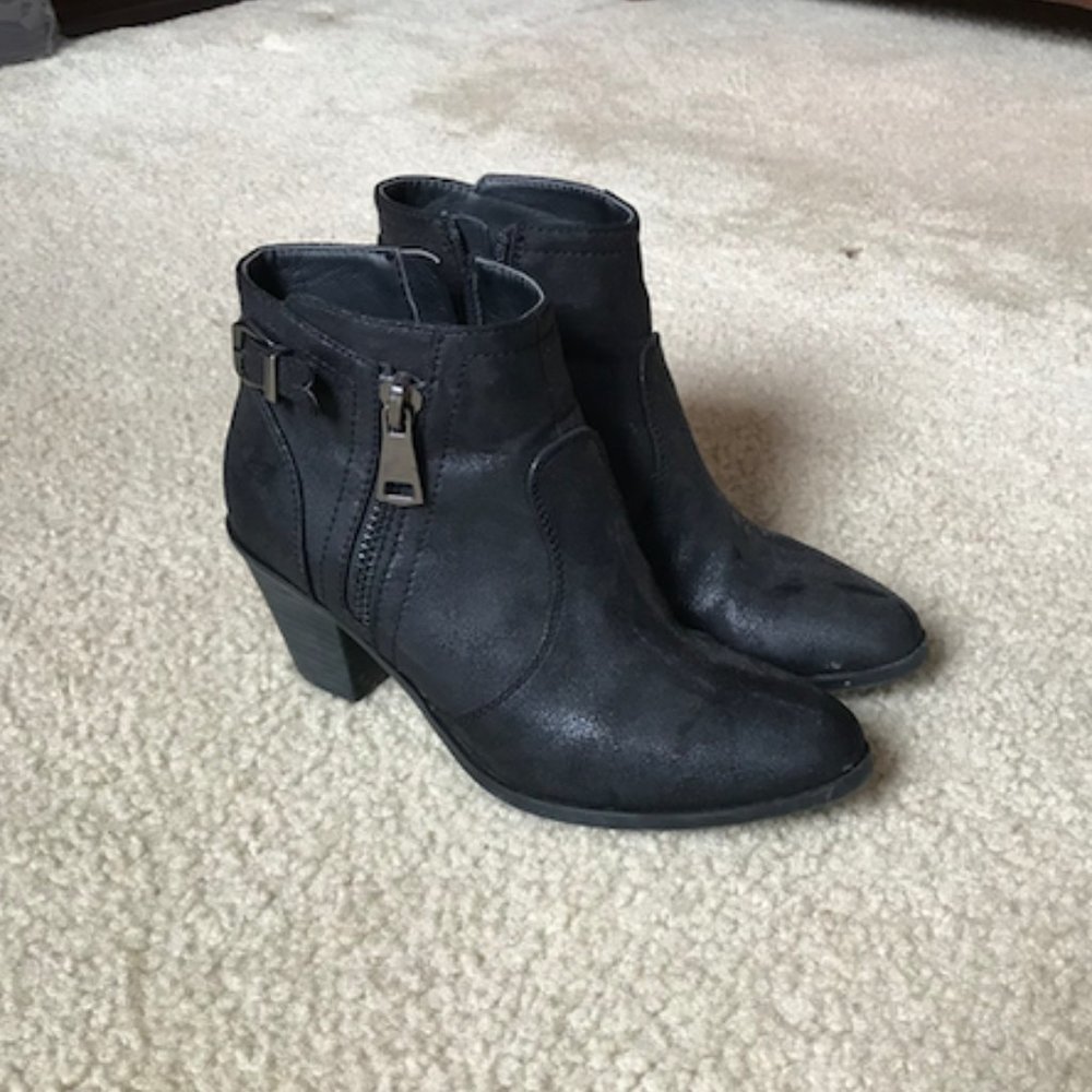 Black zip-up heeled booties, heel height 2.5"